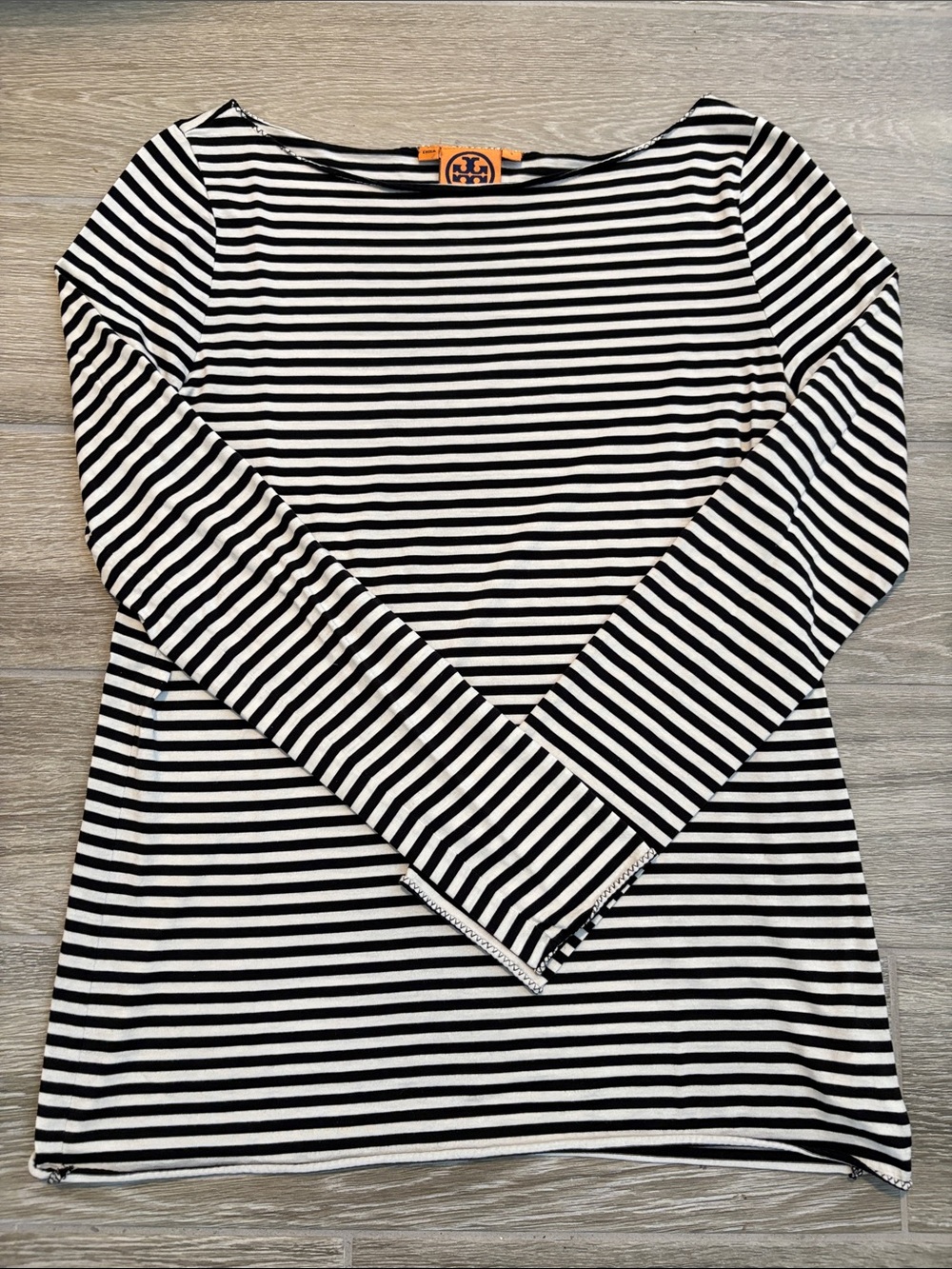 Tory Burch Black & White Striped Long-Sleeve Boatneck Top